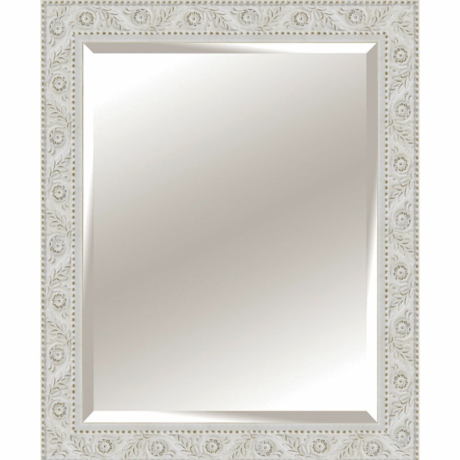 Mirrors * | 30X42 Rectangle Solid Wood Floral Antique White Wall Mirror Online Store