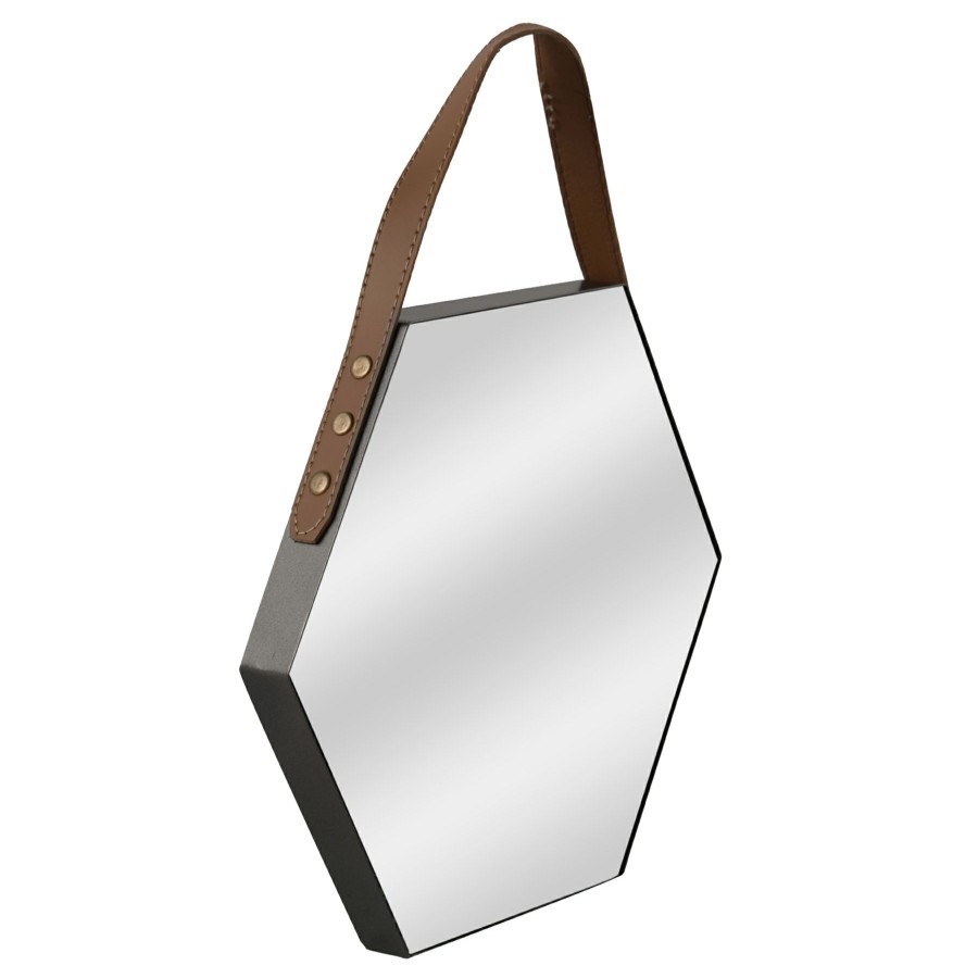 Mirrors * | 14 18 Hexagon Mirror With Faux Leather Strap Special Design