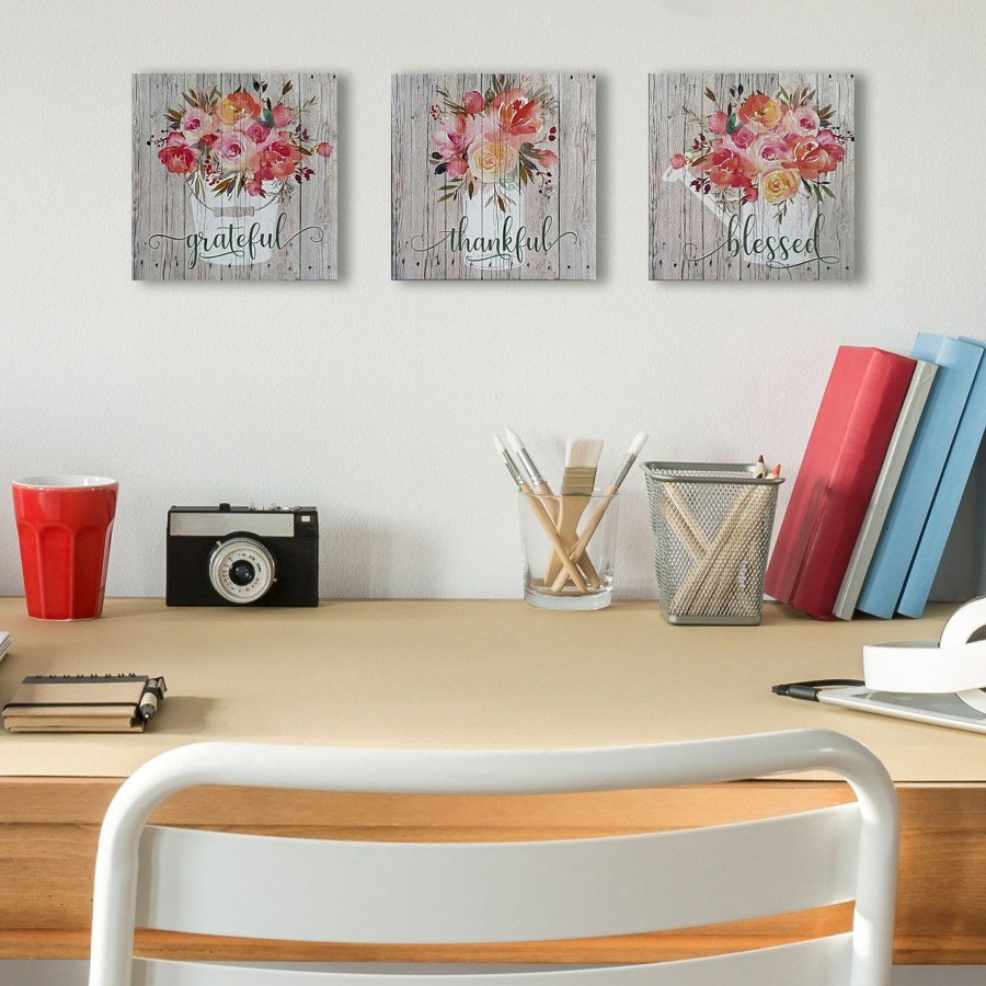 Wall Art * | 3-Piece 6 Grateful Thankful Blessed Floral Canvas Wall Art Set Discounts Online