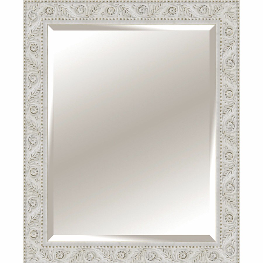 Mirrors * | 28X34 Rectangle Solid Wood Floral Antique White Wall Mirror New Arrivals