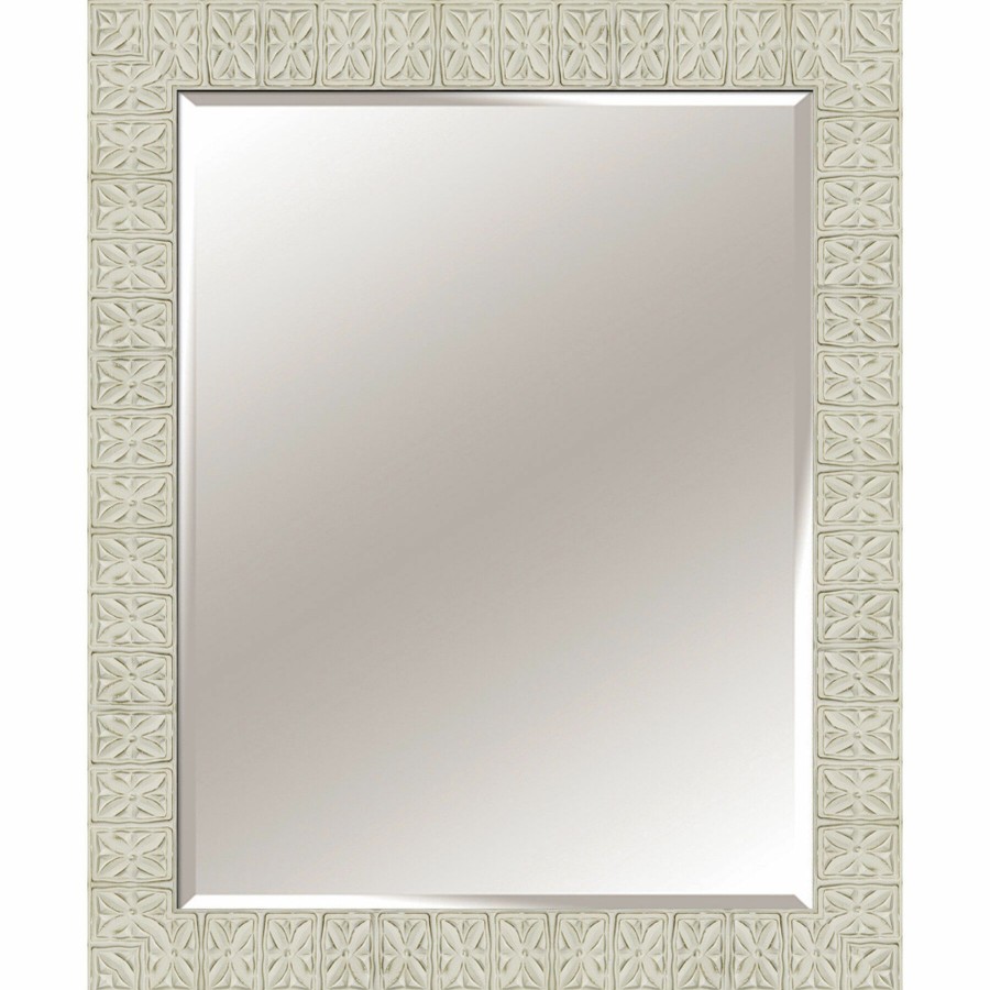 Mirrors * | 28X34 Rectangle Solid Wood Floral Tile Distressed White Wall Mirror Sells Cheap