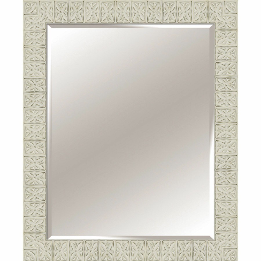 Mirrors * | 30X42 Rectangle Solid Wood Floral Tile Distressed White Wall Mirror For Sale